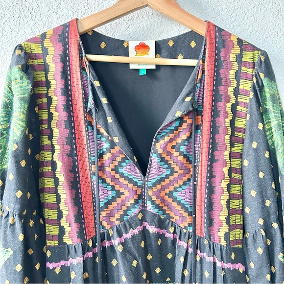 Farm Rio Forest Tapestry Split-Neck Midi Dress Size Large Beaded Tassels - Picture 2 of 8